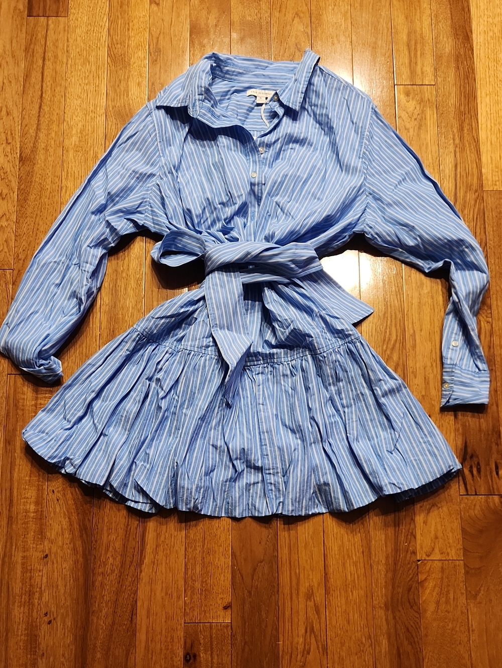 Striped Blue Bubble  Tie-Waist Front Button Shirt Dress Size Xl